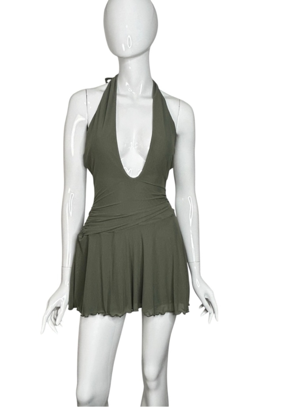White Fox Boutique Mini Dress Medium Olive Green Halter Top Backless NEW